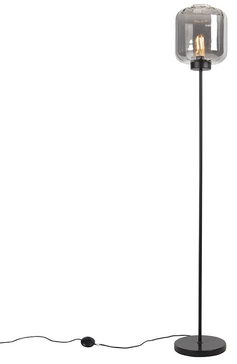 Dizajnová stojaca lampa čierna s dymovým sklom - Qara