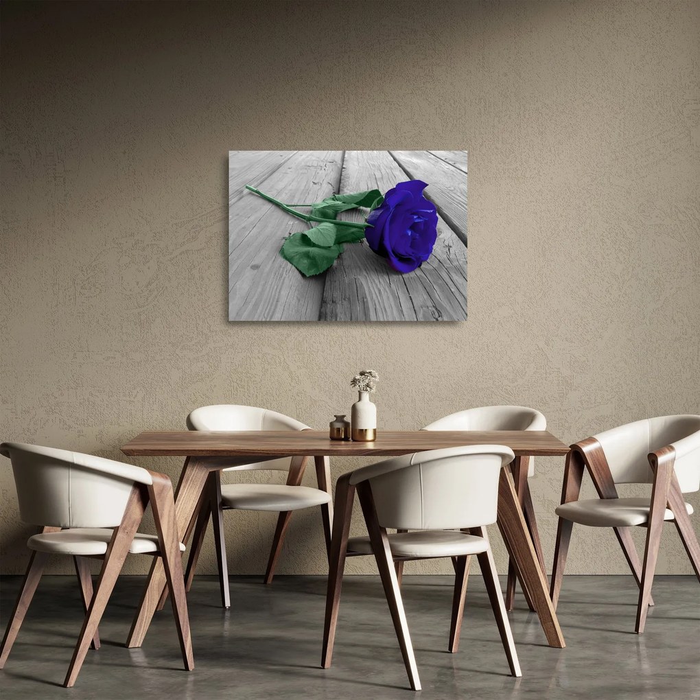 Sklenený obraz - Modrá ruža so zelenou stonkou (70x50 cm)