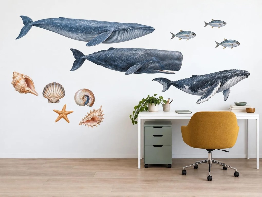 Veľryby z hlbín oceánu realistické nálepky s veľrybami do obývačky na stenu arch 46 x 34 cm
