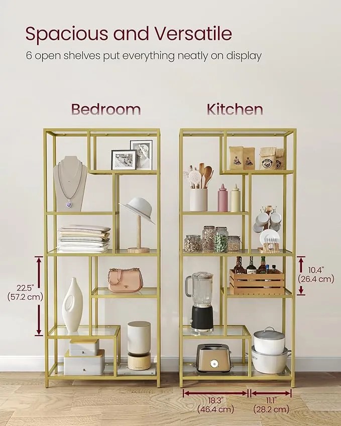 Knižnica, 6-poschodová vysoká knižnica 30 × 80 × 180 cm, v metalickej zlatej farbe