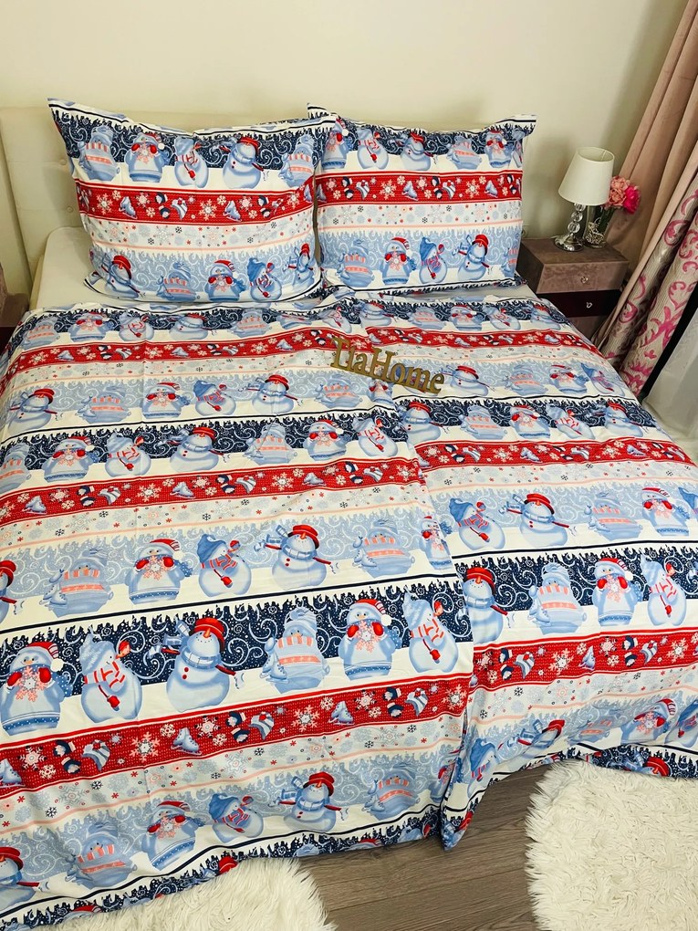 Obliečky bavlnené Vianočné Snowman modré TiaHome - 1x Vankúš 90x70cm, 1x Paplón 140x200cm