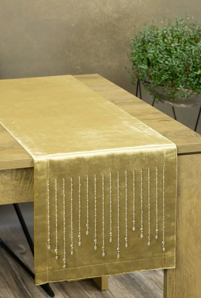 Luxusný zamatový stredový obrus v zlatej farbe s detailom kamienkov 35x180