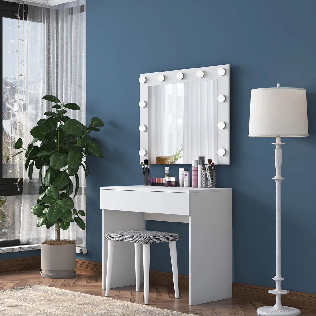 Minimalistický toaletný stolík Alisson III s LED zrkadlom a taburetom biely