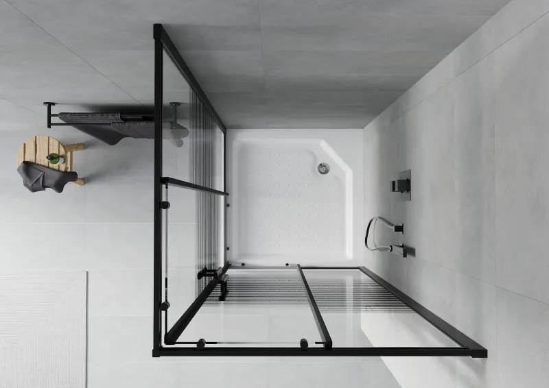 Mexen Rio, štvorcový sprchovací kút s posuvnými dverami 90(dvere) x 90(dvere) x 190 cm, 6mm číre sklo s pásikmi, čierny profil + biela sprchová vanička RIO, 860-090-090-70-20-4510