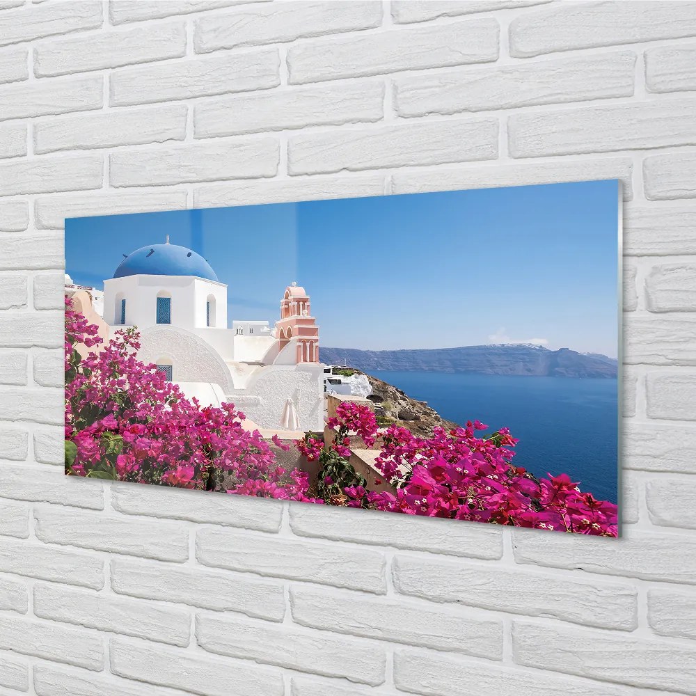 Obraz na akrylátovom skle Grécko kvety morské stavby 100x50 cm
