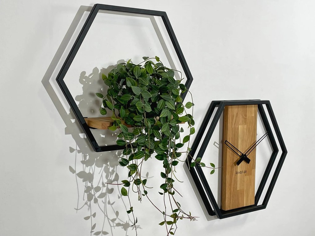 Dekorstudio Kovové hodiny s dubovým drevom LOFT HEXAGON 50cm