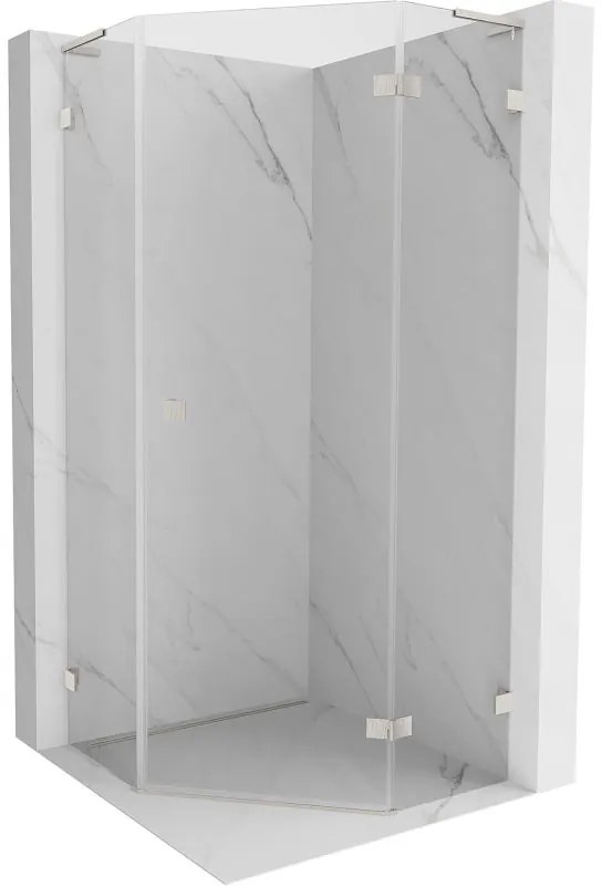 Mexen Lunar, L pravý výklopný päťuholníkový sprchový kút 100x100 cm, 8mm číre sklo, oceľový profil, 831L-100P-100L-97-00-P