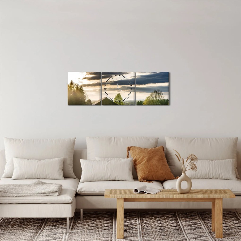 Obraz lesnej chaty (s hodinami) (90x30 cm)