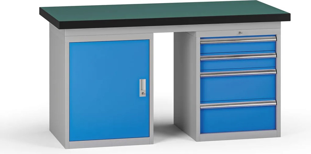 Pracovný stôl do dielne G8, 1500 x 750 x 800 mm, 1x skrinka, 1x kontejner, 4 zásuvky, modrá