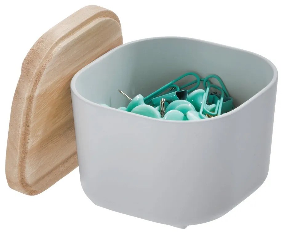 Sivý úložný box s vekom z dreva paulownia iDesign Eco, 9 x 9 cm