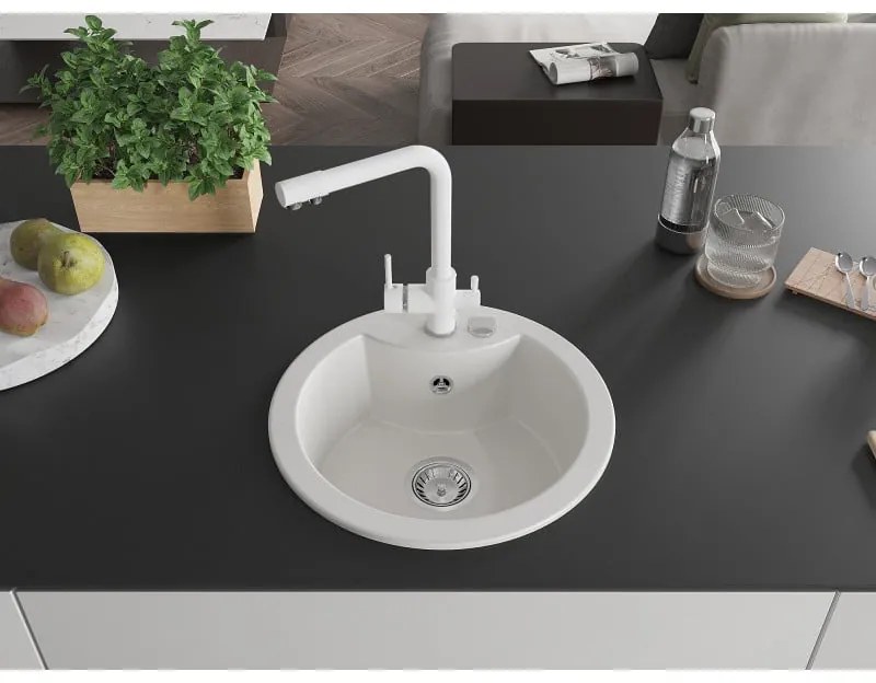 Mexen Diego, 1-komorový granitový drez 488x488x167 mm, biela batéria Duero, biela, 6512-20-671600-20