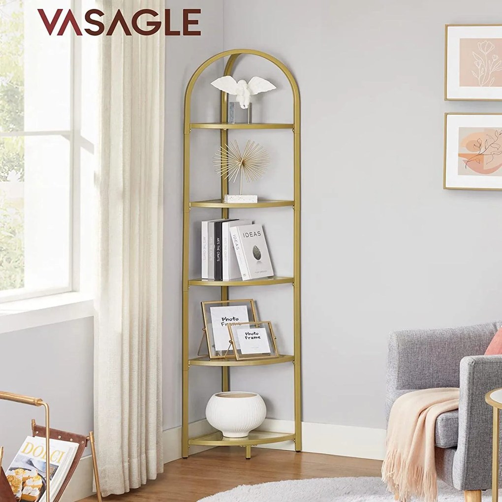 Sklenená rohová polica, 5-úrovňový regál, zlatá farba