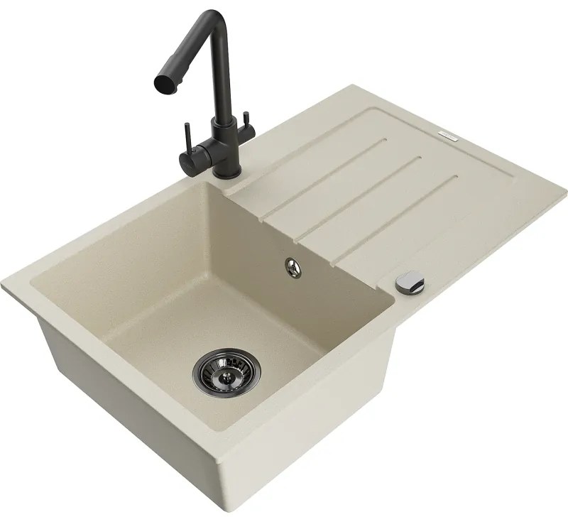 Mexen Bruno, 1-komorový granitový drez s odkvapkávačom 795x495x200 mm a čierna batéria Duero, béžová, 6513-69-671600-70