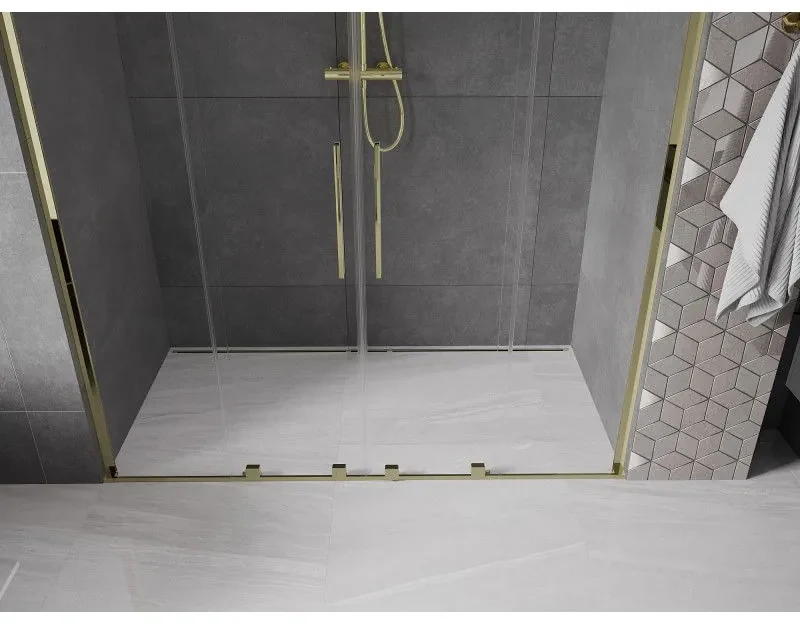 Mexen Velar L Duo, posuvné sprchové dvere do otvoru 180 cm, 8mm číre sklo, zlatá lesklá, 871-180-003-02-50