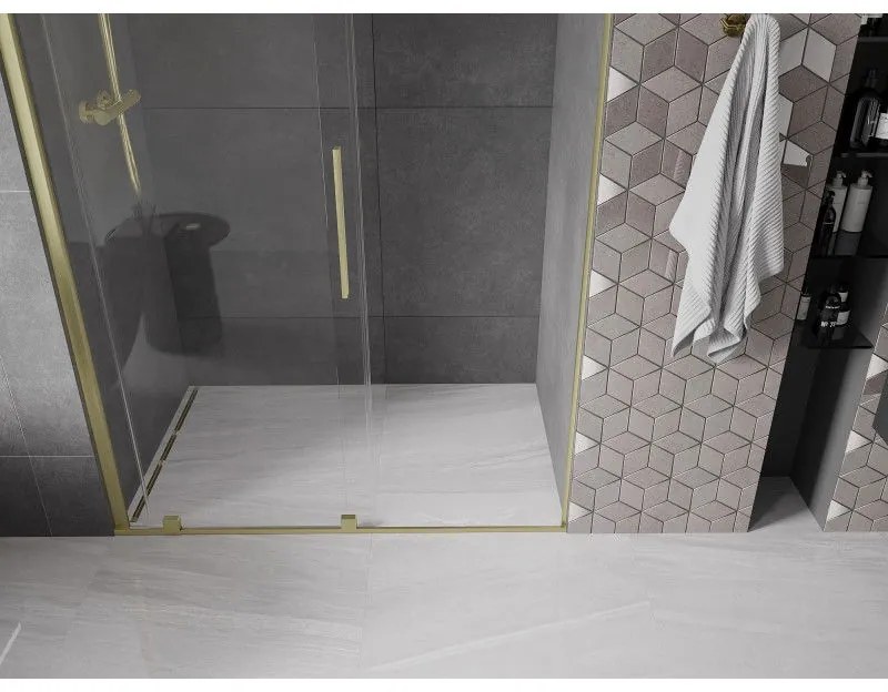 Mexen Velar, posuvné dvere do otvoru 130x200 cm, 8mm číre sklo, zlatá matná, 871-130-000-01-55