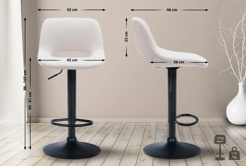2x Barová stolička Camden - látka, čierny rám - Krémová