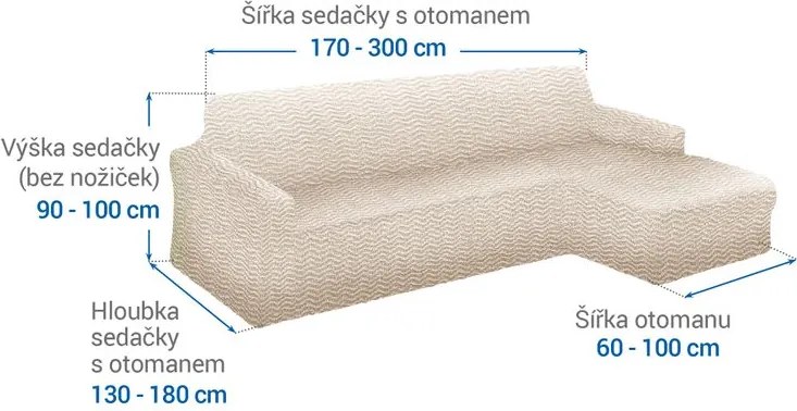 Bielastické poťahy CRISTINA smotanová sedačka s otomanom vpravo (š. 170 - 300 cm)