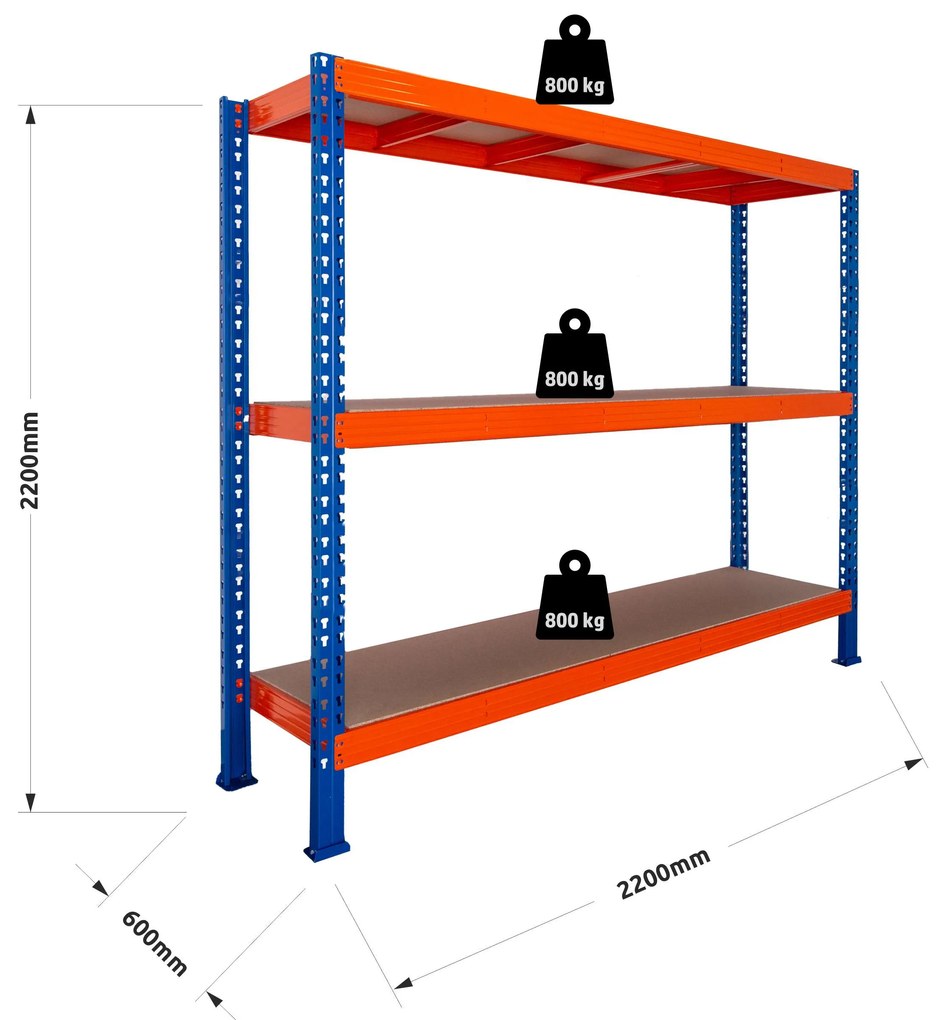 Trestles Nekonečný priemyselný regál 2200x2200x600, 3 police Farba: Oranžová a modrá