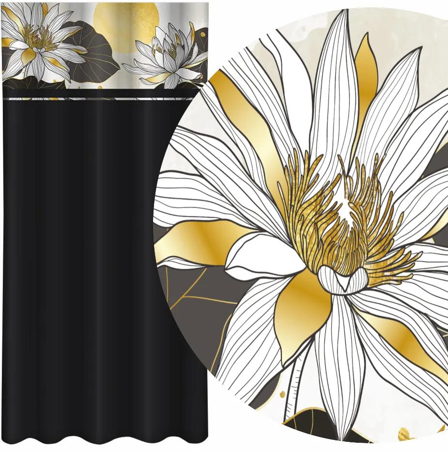 Klasický čierny záves s potlačou lotosových kvetov Šírka: 160 cm | Dĺžka: 250 cm