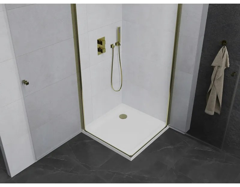 Mexen Pretoria Duo, sprchovací kút s 2-krídlovými dverami 70 (dvere) x 70 (dvere) cm, 6mm číre sklo, zlatý profil + slim sprchová vanička 5cm biela so zlatým sifónom, 852-070-070-50-02-4010G