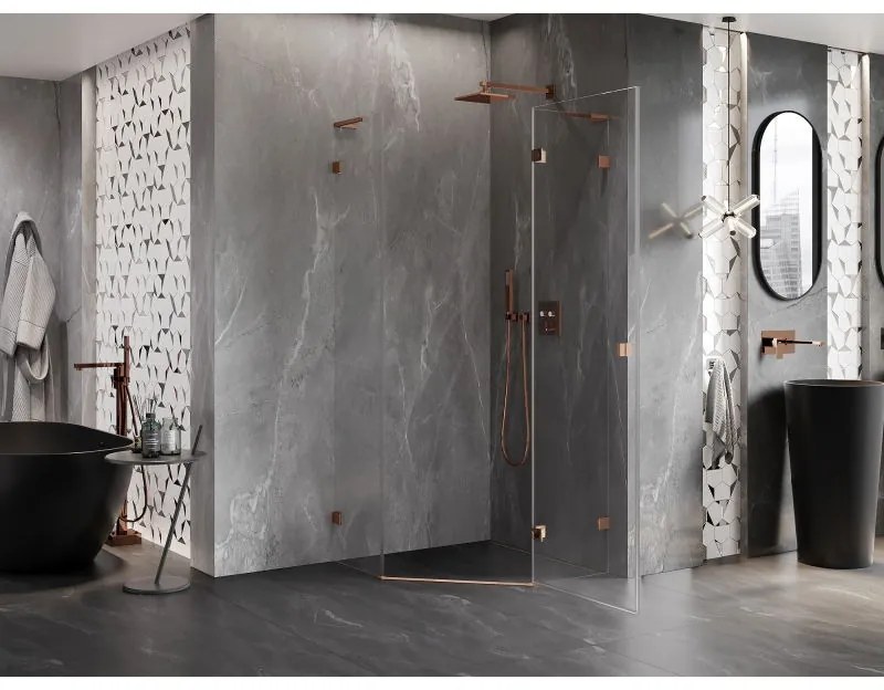 Mexen Lunar, L pravý výklopný päťuholníkový sprchový kút 100 x 100 cm, 8mm číre sklo, profil ružové zlato, 831L-100P-100L-60-00-P