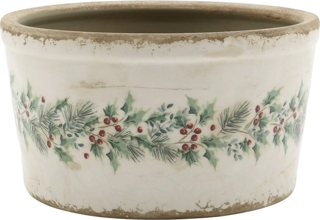 Béžový keramický kvetináč s cezmínou Holly Christmas Antique - Ø 16,5 * 9,5 cm
