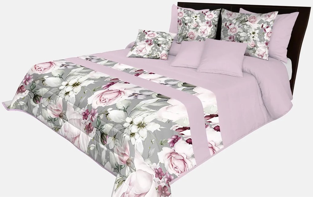 Romantický prehoz na posteľ v šedo-ružovej farbe s nádhernými ružovými kvetinami