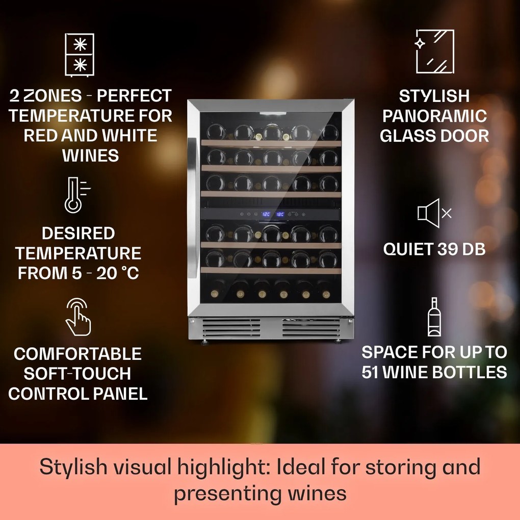 Klarstein Vinovilla 50 Duo, dvojzónová vinotéka, 53 l, 17 fliaš, 3-farebné LED osvetlenie, sklenené dvere