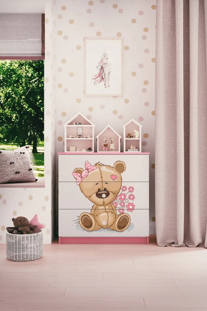 Komoda Babydreams 80 cm medveď s kvetmi ružová