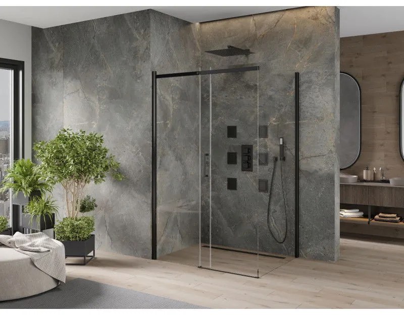 Mexen Omega, sprchovací kút s posuvnými dverami 110 (dvere) x 80 (stena) cm, 8mm sklo, čierny profil-číre sklo, 825-110-080-70-00
