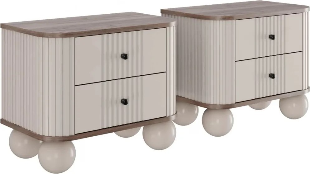 Súprava nočných stolíkov Vesper 56 cm - kašmír / orech / čierne úchytky / guľové nohy