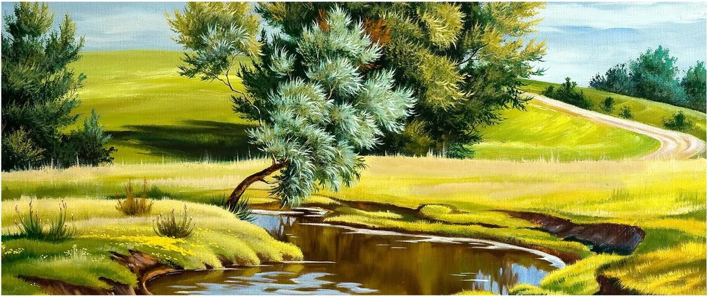 Obraz - Rieka medzi lúkami, olejomaľba (120x50 cm)