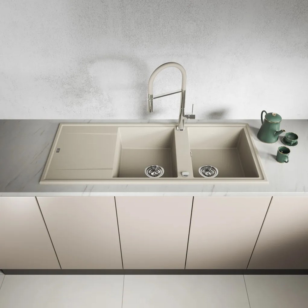 Laveo Megalo, 2-komorový granitový drez 1160x500x185 mm s dlhým odkvapávačom, béžová, LAV-SBE_421T