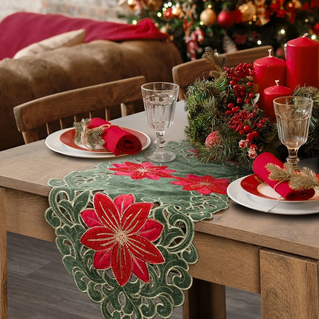 VIANOČNÝ BEHÚŇ NA STÔL POINSETTIA 35X183 CM VZOROVANÝ