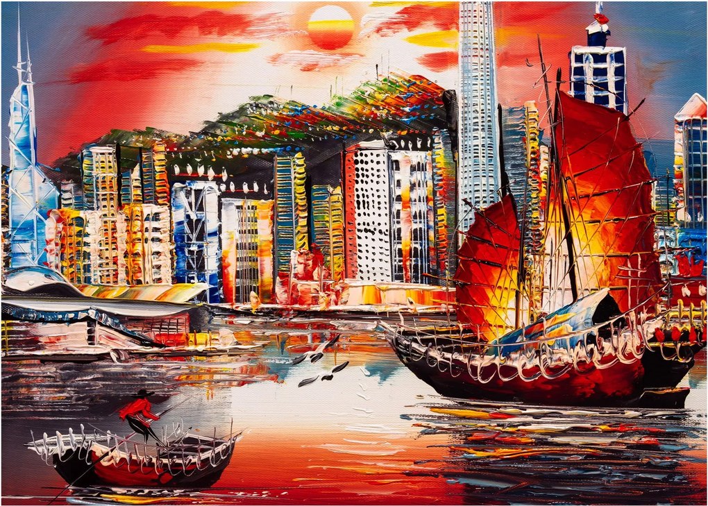 Obrázok - Victoria Harbor, Hong Kong, olejomaľba (70x50 cm)