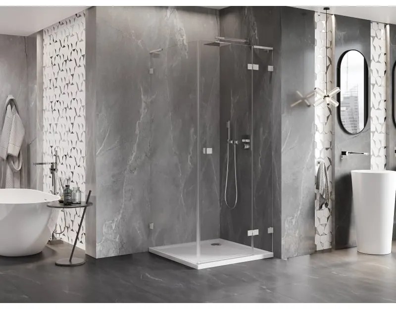 Mexen Lunar, L výklopný sprchový kút pravý 80 x 80 cm, 8mm číre sklo, oceľový profil, 834L-080-080-97-00-P