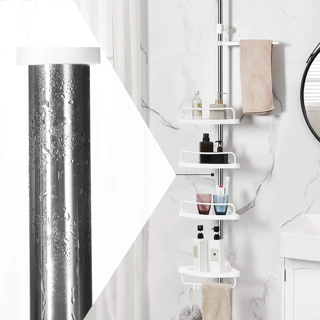 Nastaviteľná kúpeľňová rohová polica, teleskopická sprchová polica, 95-300 cm, biela