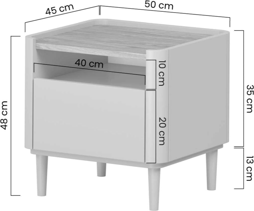 Nočný stolík so zásuvkou Elivo 50 cm na nožičkách - kašmír / olejovaný dub