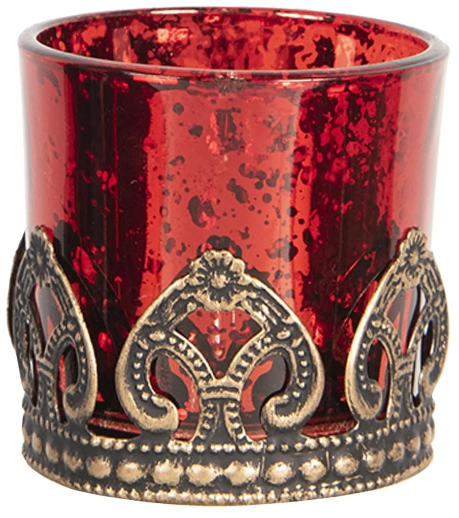 Červený sklenený svietnik na čajovú sviečku s kovovým zdobením -O 5 * 5 cm