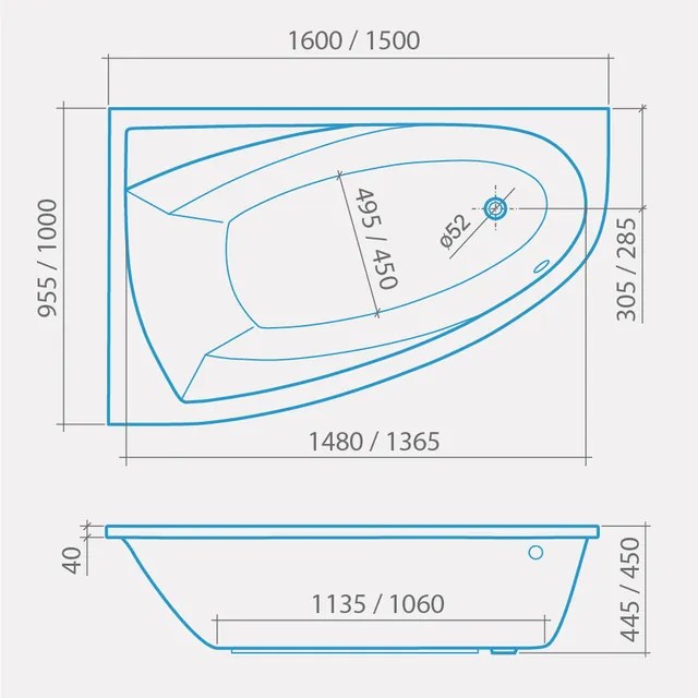 Asymetrická akrylátová vaňa iBATH ASYMMETRIC NEO Pravá 150 cm 95 cm