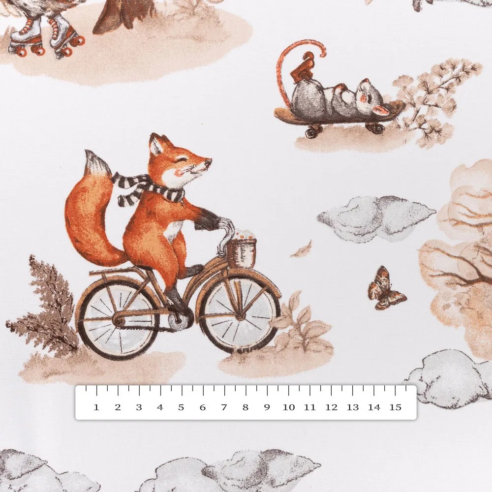 Biante Detské bavlnené posteľné obliečky Sandra SA-696 Líšky na bicykloch - hnedé na bielom Jednolôžko 140x200 a 70x90 cm