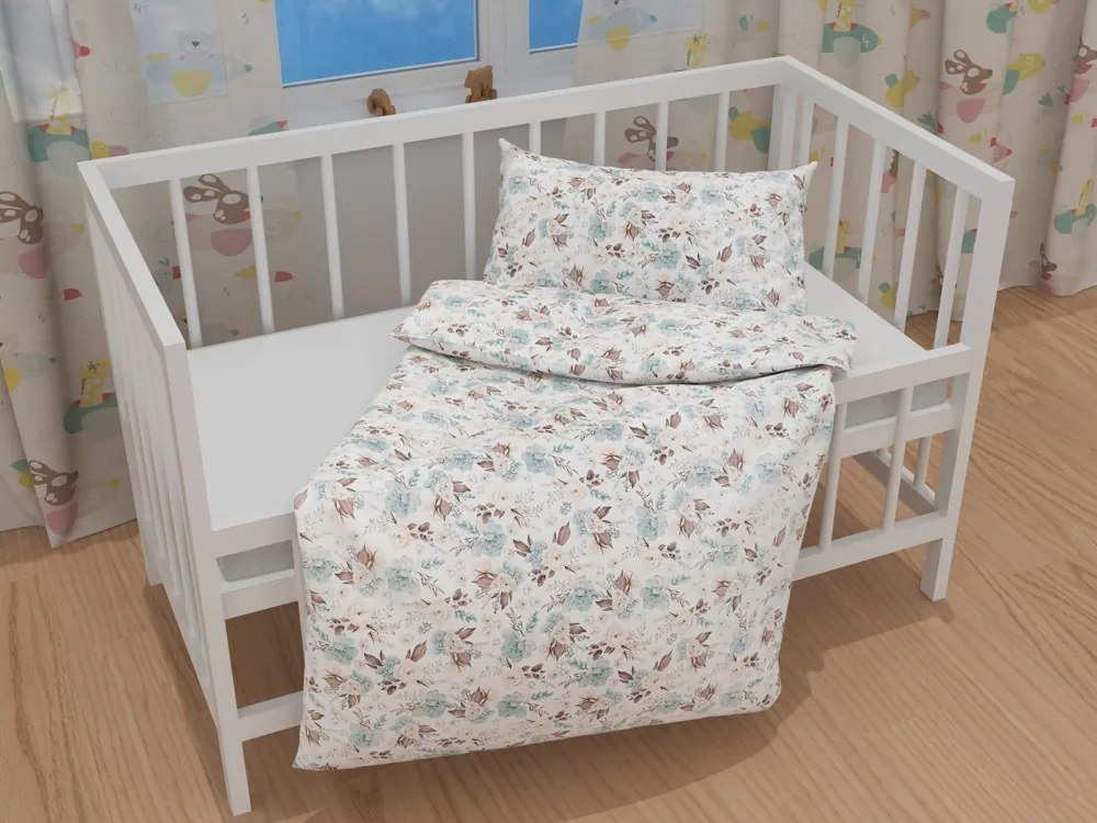 Biante Detské bavlnené posteľné obliečky do postieľky Sandra SA-451 Žlto-hnedo-mintové ruže na bielom Do postieľky 100x135 a 40x60 cm