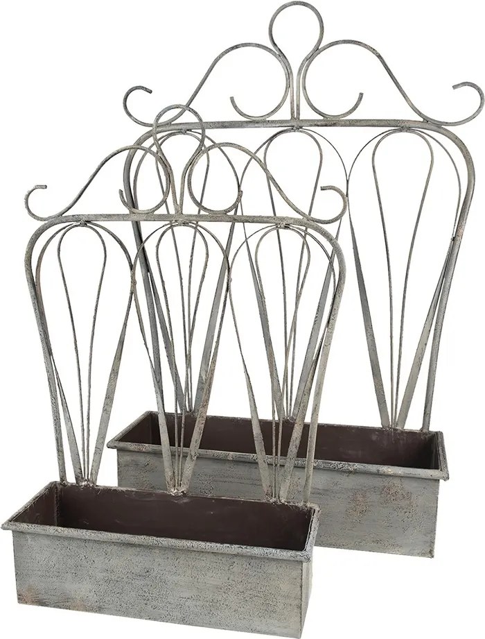 2ks sivý antik kovový kvetináč s okrasou - 49 * 15 * 70 cm / 38 * 12 * 55 cm