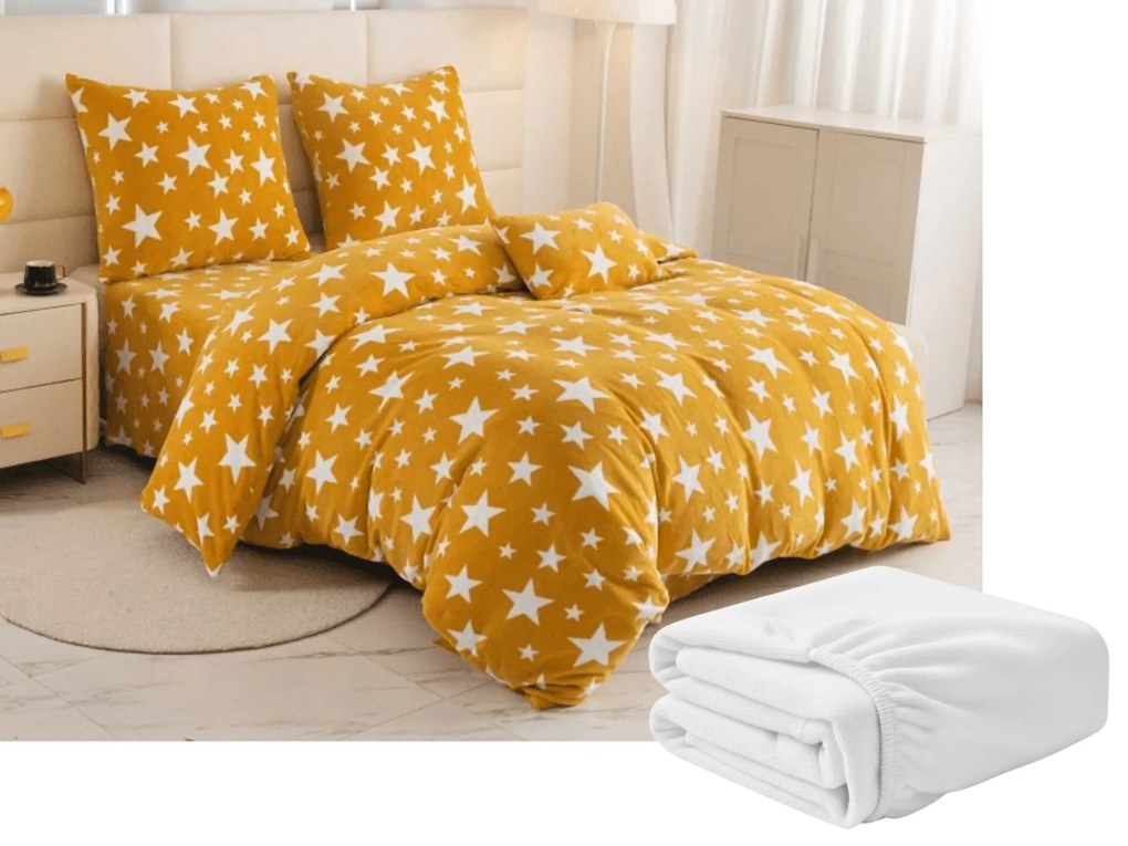 Sada mikroplyšových obliečok HVIEZDY žltooranžové + obliečka mikroplyš SOFT 180x200 cm biele, dvojlôžko