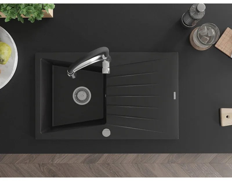 Mexen Cesar, 1-komorový granitový drez 775x470x190 mm a drezová batéria Aster, čierna, 6514-77-73450-07