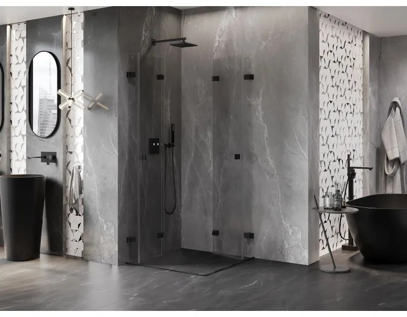 Mexen Lunar-F Duo, skladací sprchový kút 85 x 85 cm, 8mm číre sklo, čierny profil, 836-085L-085P-70-00