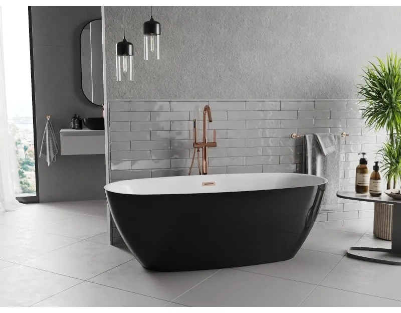 Mexen Luvo Slim, voľne stojaca vaňa 170 × 75 cm, biela-čierna, medený prepad, 52801707575-65