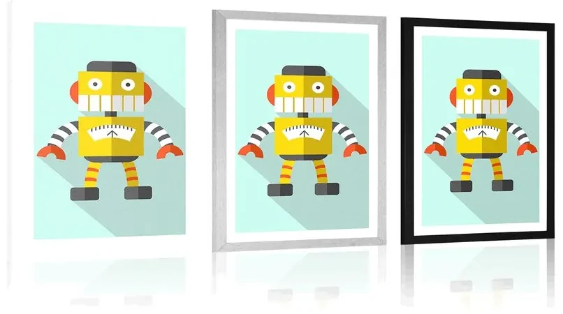 Plagát s paspartou žltý robot na modrom pozadí - 30x45 silver