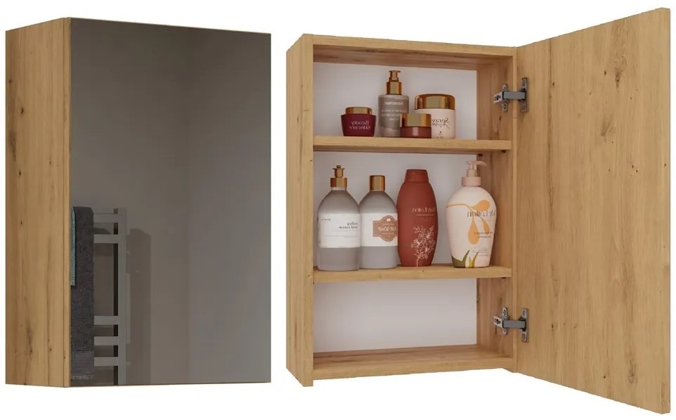 Závesná kúpeľňová skrinka POLA so zrkadlom dub artisan
