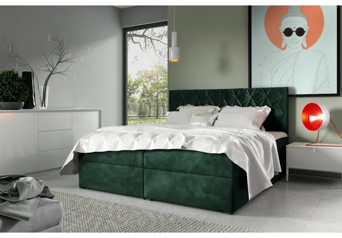 Boxspringová posteľ s prešívaným čelom EUGENA - 120x200, zelená + topper ZDARMA